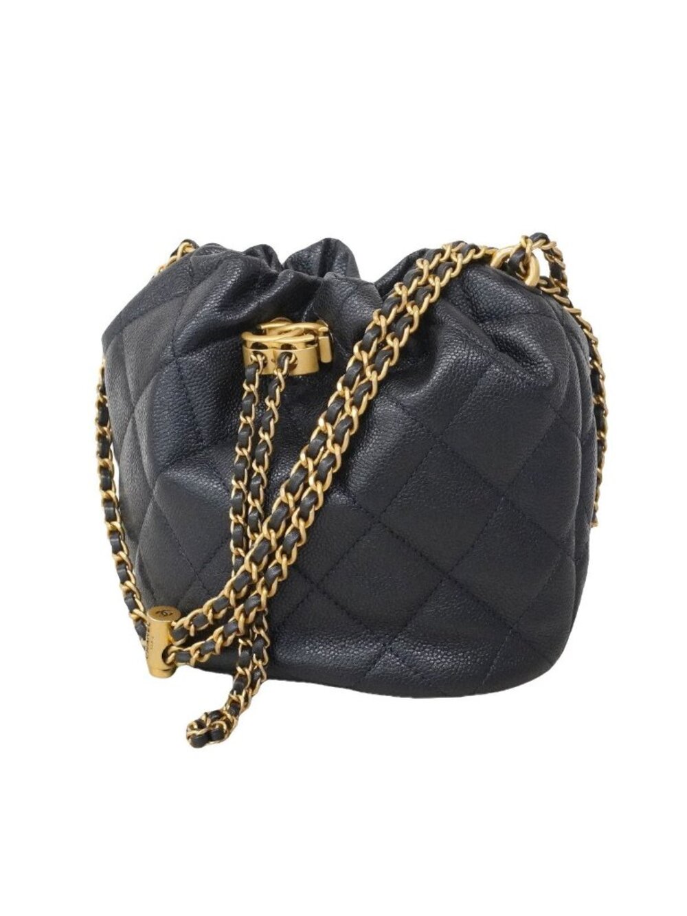 Chanel Handbag Quilted Caviar Leather Navy Gold 2-Way Bag